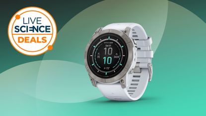 A LiveScience Deals logo and Garmin Epix pro (Gen 2) in white on a green background