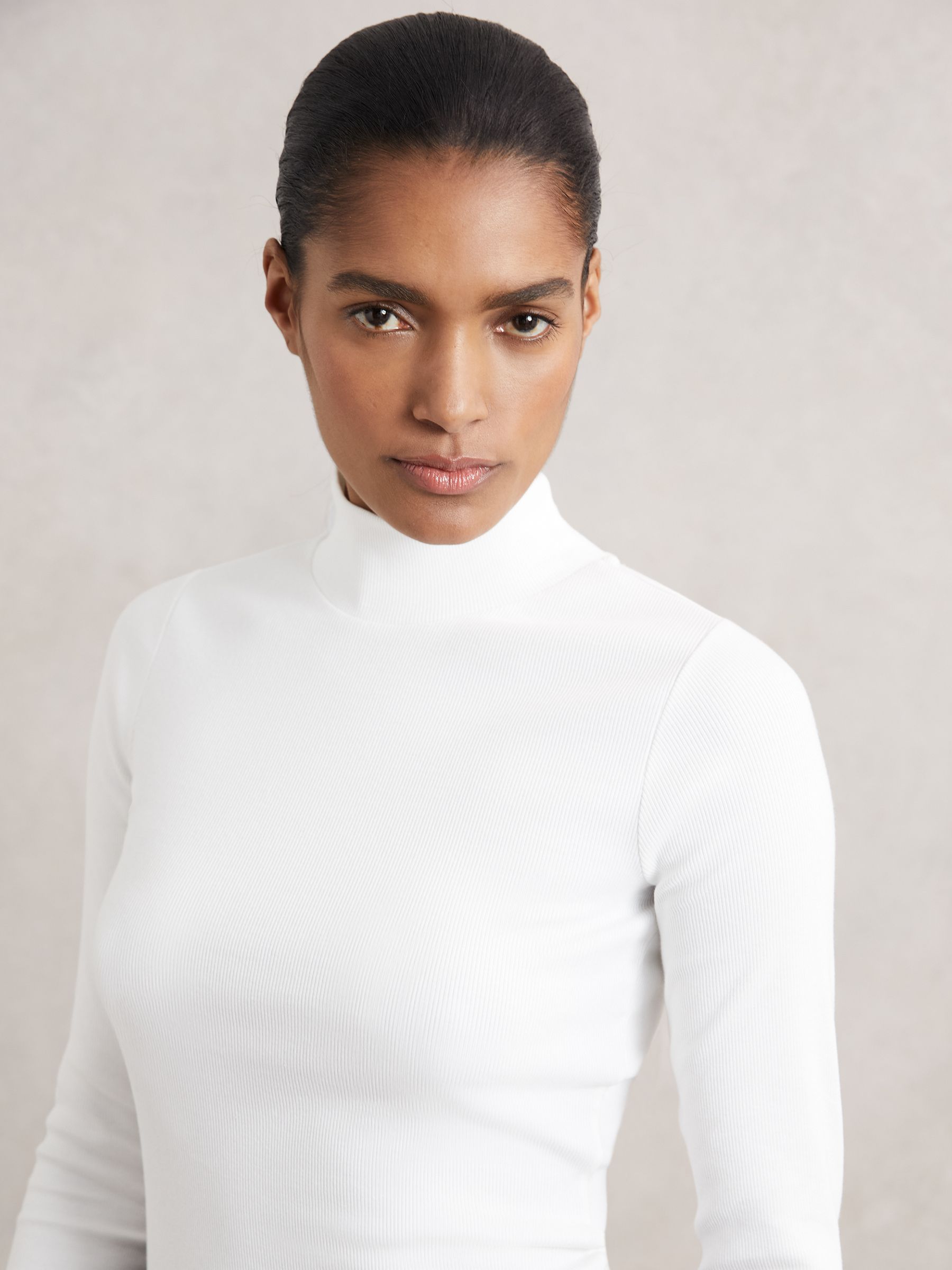 Stretch-Cotton Funnel-Neck Top in White