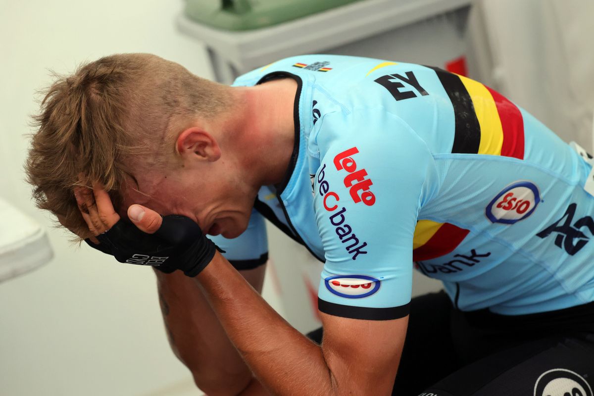 Thibau Nys struggles to hold back the tears