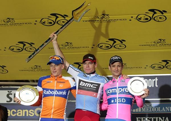 Final Tirreno-Adriatico podium (l-r): Robert Gesink, 2nd; Cadel Evans, 1st, Michele Scarponi, 3rd.