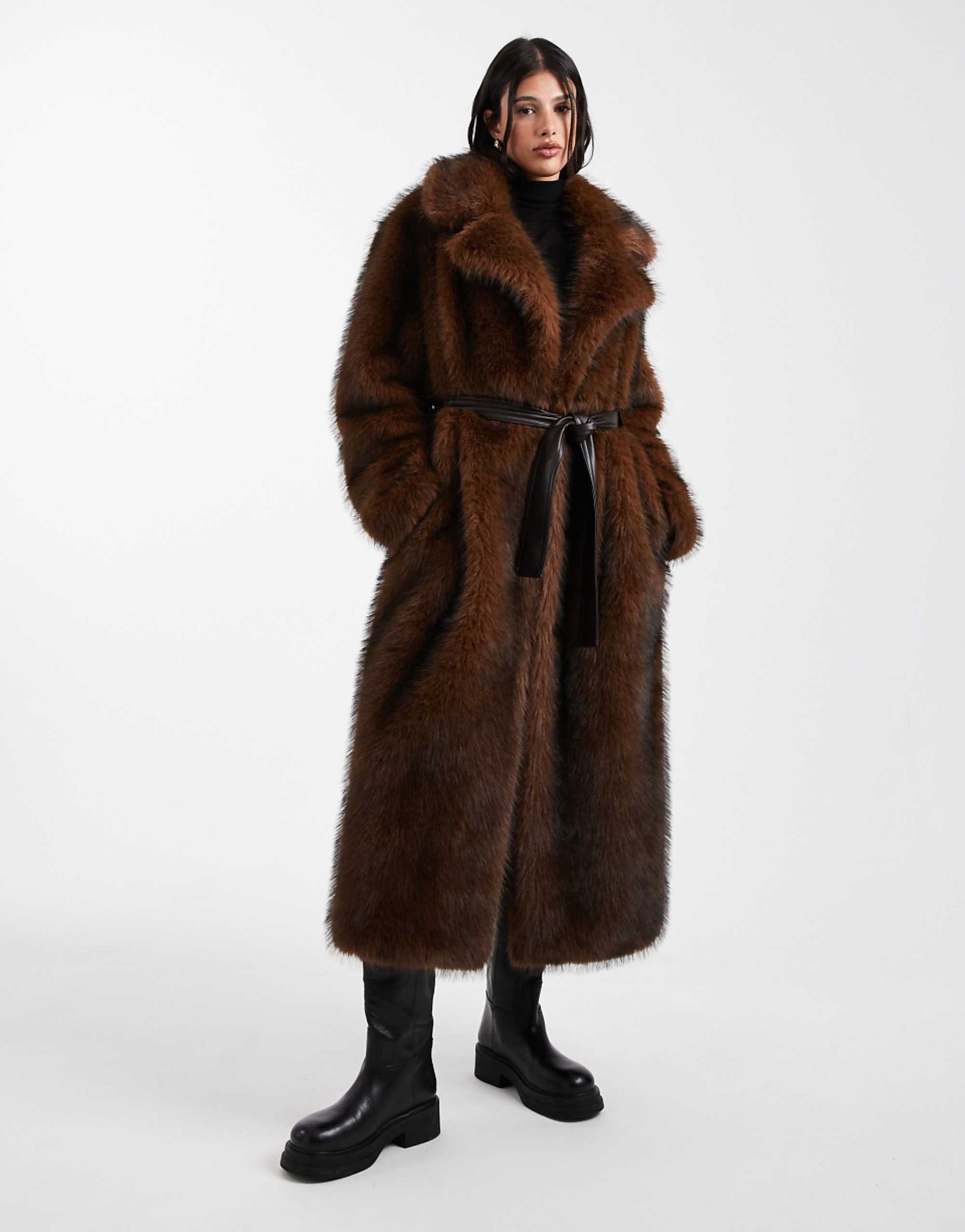 Asos Design Tall Longline Faux Fur Belted Jacket in Chocolate