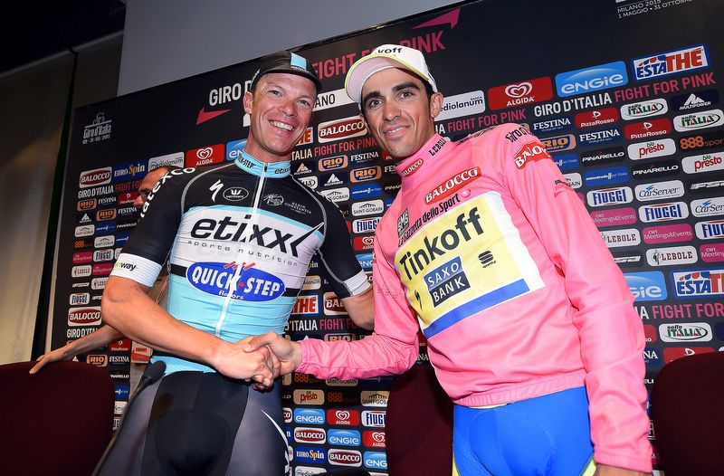 Stage winner Iljo Keisse (Etixx-QuickStep) with overall winner Alberto Contador (Tinkoff-Saxo)