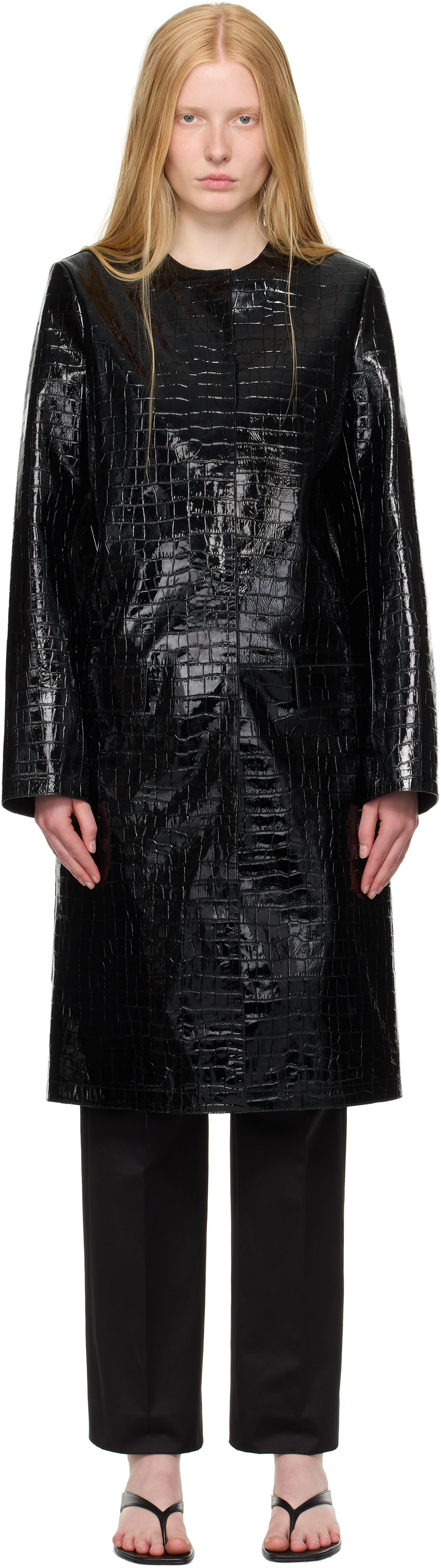 Black Croco-Embossed Leather Coat