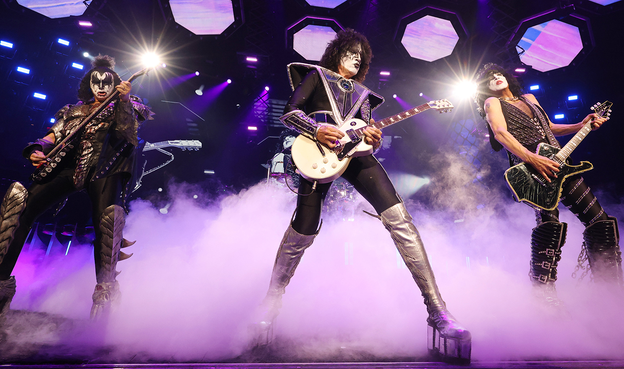 Gene Simmons, Eric Singer, Paul Stanley and Tommy Thayer of Kiss perform during KISS: End of the Road World Tour at Madison Square Garden on December 01, 2023 in New York City.