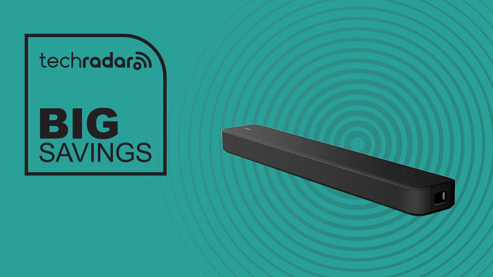 Sony HT-S2000 on teal background with the words &#039;TechRadar: big savings&#039; positioned on the left