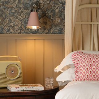 tiny guest room ideas, small bedroom with wall light switched on, wallpaper, tongue and groove, bed canopy
