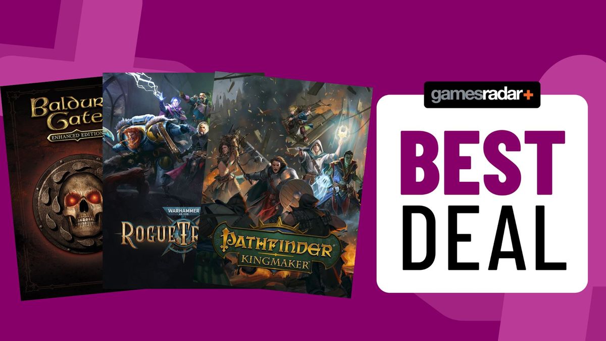 covers of Warhammer 40K, Pathfinder Kingmaker, and Baldur&#039;s Gate on a purple background with the text &quot;Best deal&quot; on a badge beside it