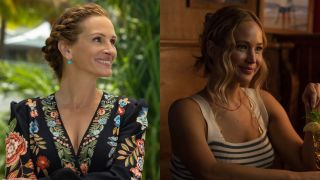 From left to right: a press image of Julia Roberts smiling and looking to her right in Ticket to Paradise and Jennifer Lawrence smiling in a press image for New Hard Feelings.