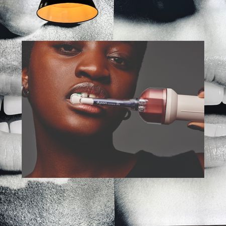 a black woman brushing her teeth with a pink Dyson Camera Jet over a black and white photo of two people with open mouths and white teeth