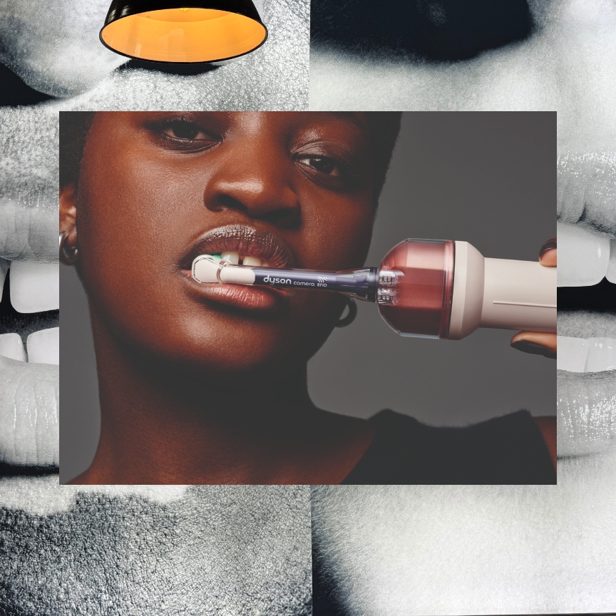a black woman brushing her teeth with a pink Dyson Camera Jet over a black and white photo of two people with open mouths and white teeth