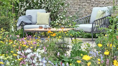 outdoor seating and wildflowers