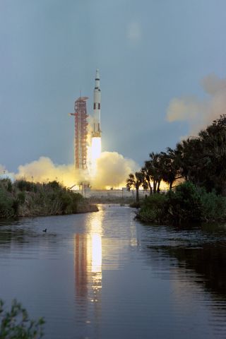 On April 11, 1970, a Saturn V rocket carrying the Apollo 13 spacecraft rose from Launch Complex 39A at NASA's Kennedy Space Center in Cape Canaveral, Florida, with astronauts Jim Lovell, Jack Swigert and Fred Haise. Liftoff occurred at 3:13 p.m. local time (1913 GMT).