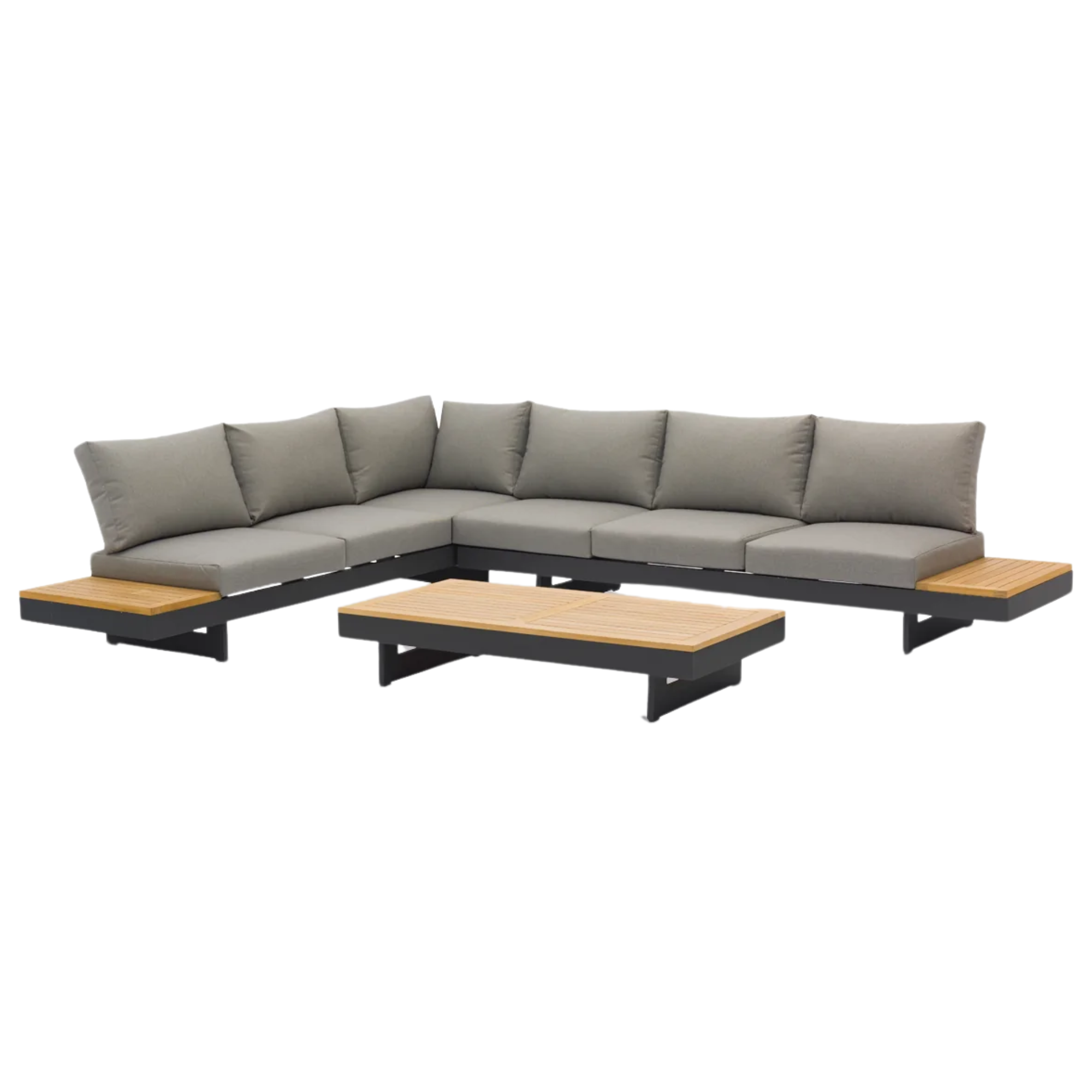 outdoor sofa with grey cushions and a wood and metal frame 