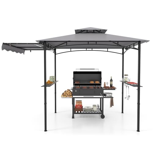 Costway 2.5m (8ft) Grill Gazebo, Fire Resistant Waterproof Outdoor Bbq Shelter With 2 Side Shelves, Hooks and Bottle Opener, Double Tiered Grill Canopy for Patio Party Garden (with Side Awning)