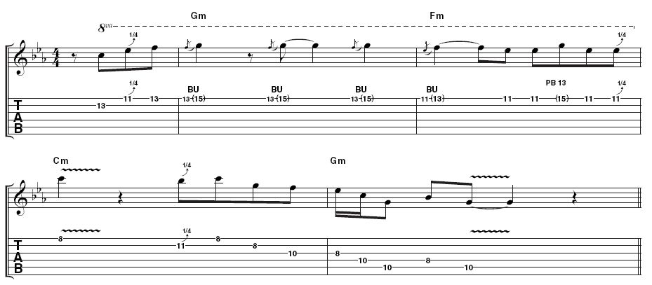 Lick 4: This example demonstrates how Albert could create a memorable phrase with just two notes and a series of bends. Like all the other phrases here, note how the opportunity to incorporate a quarter-tone bend is rarely missed.