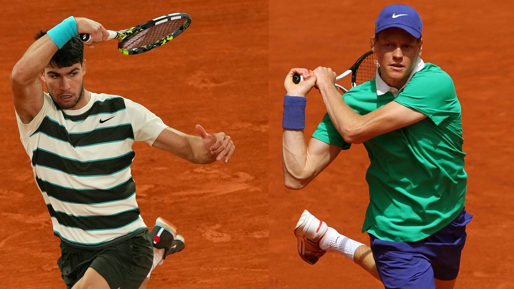 (COMBO) This combination of pictures created on June 7, 2025 shows (L) Spain's Carlos Alcaraz playing a forehand return to Italy's Lorenzo Musetti during their men's singles semi-final match on day 13 of the French Open tennis tournament on Court Philippe-Chatrier at the Roland-Garros Complex in Paris on June 6, 2025 and Italy's Jannik Sinner playing a backhand return to France's Richard Gasquet during their men's singles match on day 5 of the French Open tennis tournament on Court Philippe-Chatrier at the Roland-Garros Complex in Paris on May 29, 2025. Spain's Carlos Alcaraz and Italy's Jannik Sinner face off in the men's singles final of the French Open tennis tournament, on Court Philippe-Chatrier, at the Roland-Garros Complex in Paris on June 8, 2025. (Photo by Dimitar DILKOFF and ALAIN JOCARD / AFP) (Photo by DIMITAR DILKOFF,ALAIN JOCARD/AFP via Getty Images)