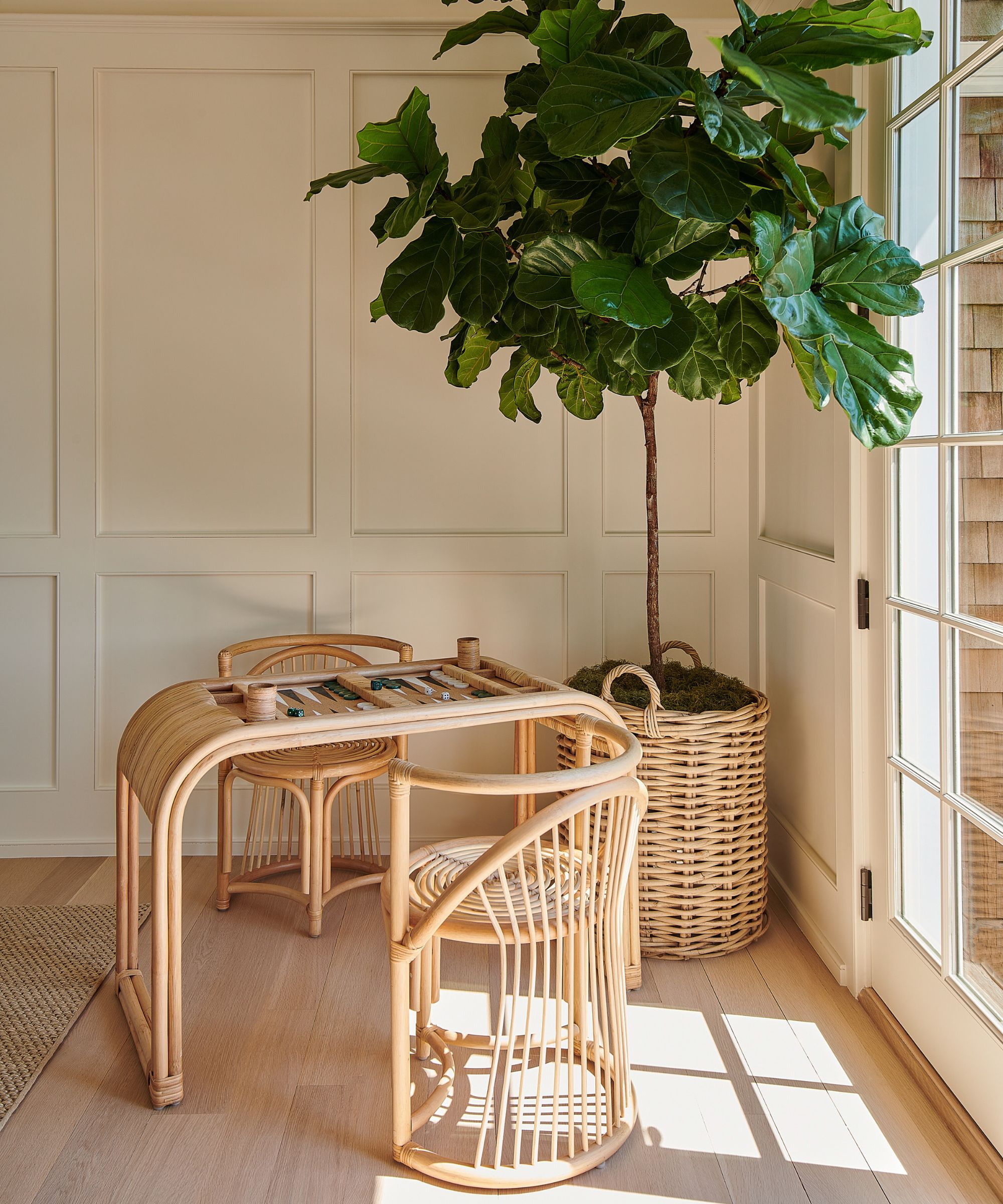 Allison Babcock interior with cane furniture and a large indoor tree, photograph Michael Mundy