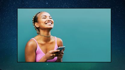 Libra season memes feature a woman on her cellphone smiling in a pink tank and a blue and starry background