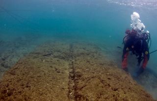 An underwater archaeologist excavates remains of a ship shed at Mounichia Harbour, during a rare period of good visibility.
