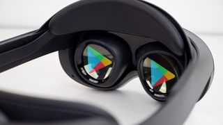 The Google Play Store logo on the lenses of a Meta Quest Pro