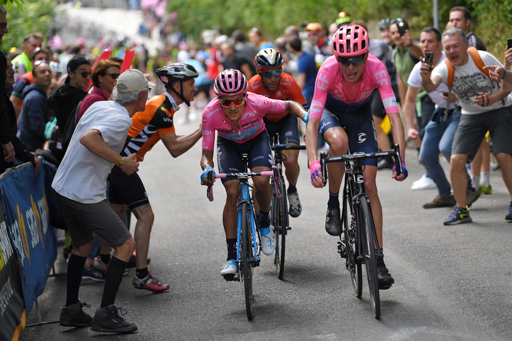 Richard Carapaz and Vincenzo Nibali push past Hugh Carthy near the end of stage 15 at the Giro