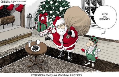 Political cartoon U.S. recreational marijuana legal in 10 states Santa avoid the brownies
