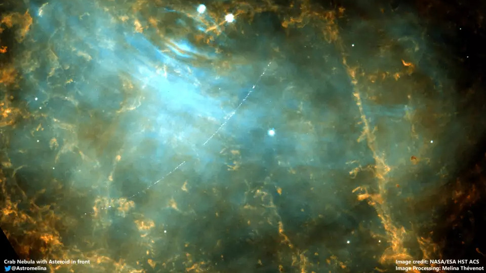 A Hubble image taken on December 5, 2005, of the Main Belt asteroid 2001 SE101 passing in front of the Crab Nebula.