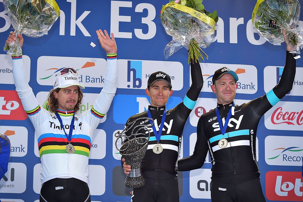 Peter Sagan, Michal Kwiatkowski and Ian Stannard on the E3 Harelbeke podium