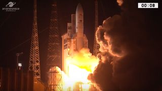 An Arianespace Ariane 5 rocket carrying the two BepiColombo Mercury spacecraft for Europe and Japan launches from Guiana Space Center in Kourou, French Guiana on Oct. 19, 2018.