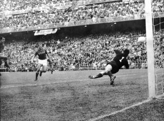 Chus Pereda (far left) opens the scoring for Spain against the Soviet Union in the 1964 European Nations' Cup final.