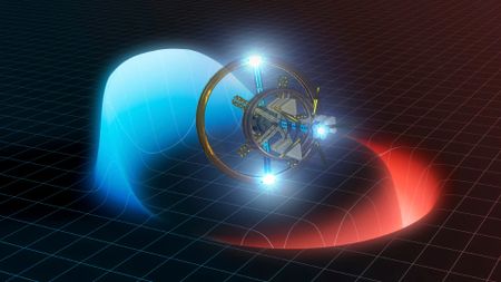 an illustration of a spacecraft consisting of a central spindle surrounded by three concentric rings, floating over a grid. a wave of blue light crests behind and above the spacecraft, while a wave of red light crests underneath and in front of it