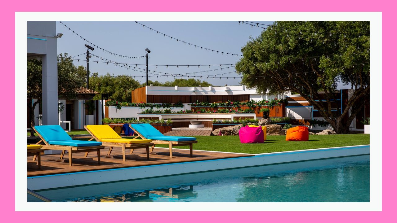 The Love Island villa 2023/ a picture of the villa&#039;s pool and sunbeds in a pink template