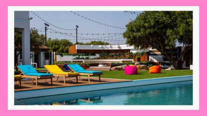 The Love Island villa 2023/ a picture of the villa's pool and sunbeds in a pink template