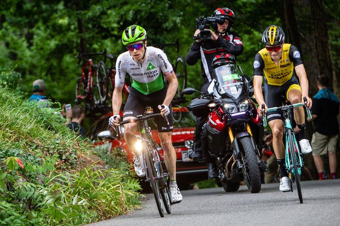 Benjamin King (Dimension Data) and Neilson Powless (Lotto NL-Jumbo) near the top of the climb during the US Pro Road Race National Championships on June 24, 2018 in Knoxville, Tennessee