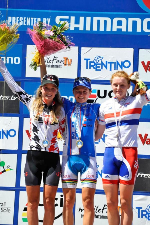 Under 23 women's cross country Val di Sole podium: Emily Batty, Tanja Zakelj, Annie Last