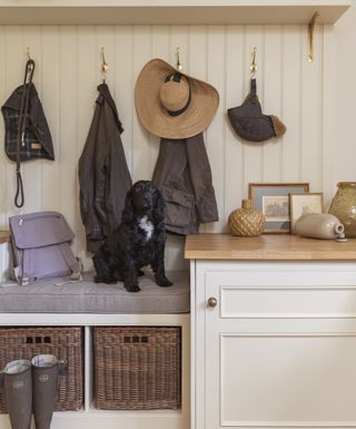 Grey cushion, gold hooks, baskets