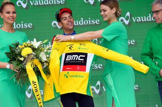 Richie Porte pulls on the Tour de Suisse leader's jersey after stage 5