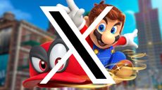 The X logo in front of a shot of Super Mario Odyssey for Nintendo Switch,
