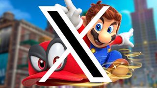The X logo in front of a shot of Super Mario Odyssey for Nintendo Switch,