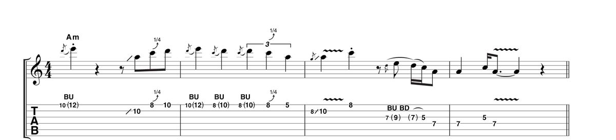 Example 2: Using occasional staccato phrasing with contrasting smooth bends, this phrase also features a slow triplet feel in the second bar. This is deceptively difficult to do well, so make sure you really nail the timing.