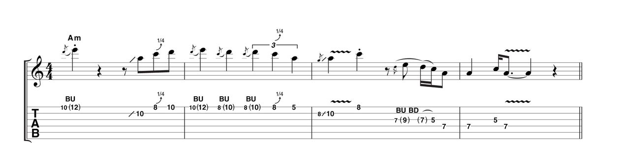 Example 2: Using occasional staccato phrasing with contrasting smooth bends, this phrase also features a slow triplet feel in the second bar. This is deceptively difficult to do well, so make sure you really nail the timing.