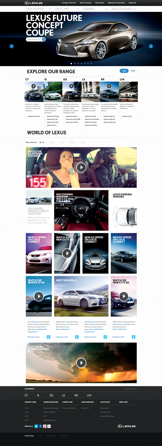 Amaze's design for the Lexus Europe website sees requested information slide in at the top, with the rest of the site still available underneath. Pages are long, scrolling smoothly to reveal further details