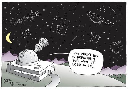 Political Cartoon U.S. Big Tech Stargazing Google Apple Facebook Amazon Satellites