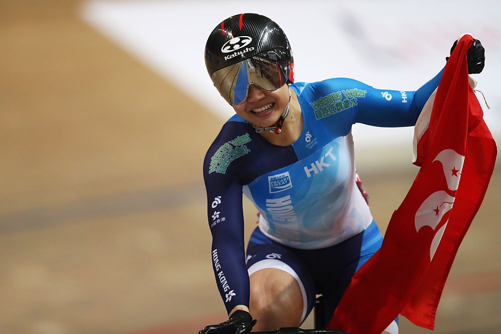 Lee Wai Sze of Hong Kong celebrates winning the gold medal in the Women's Keirin Final on day five of the UCI Track Cycling World Championships
