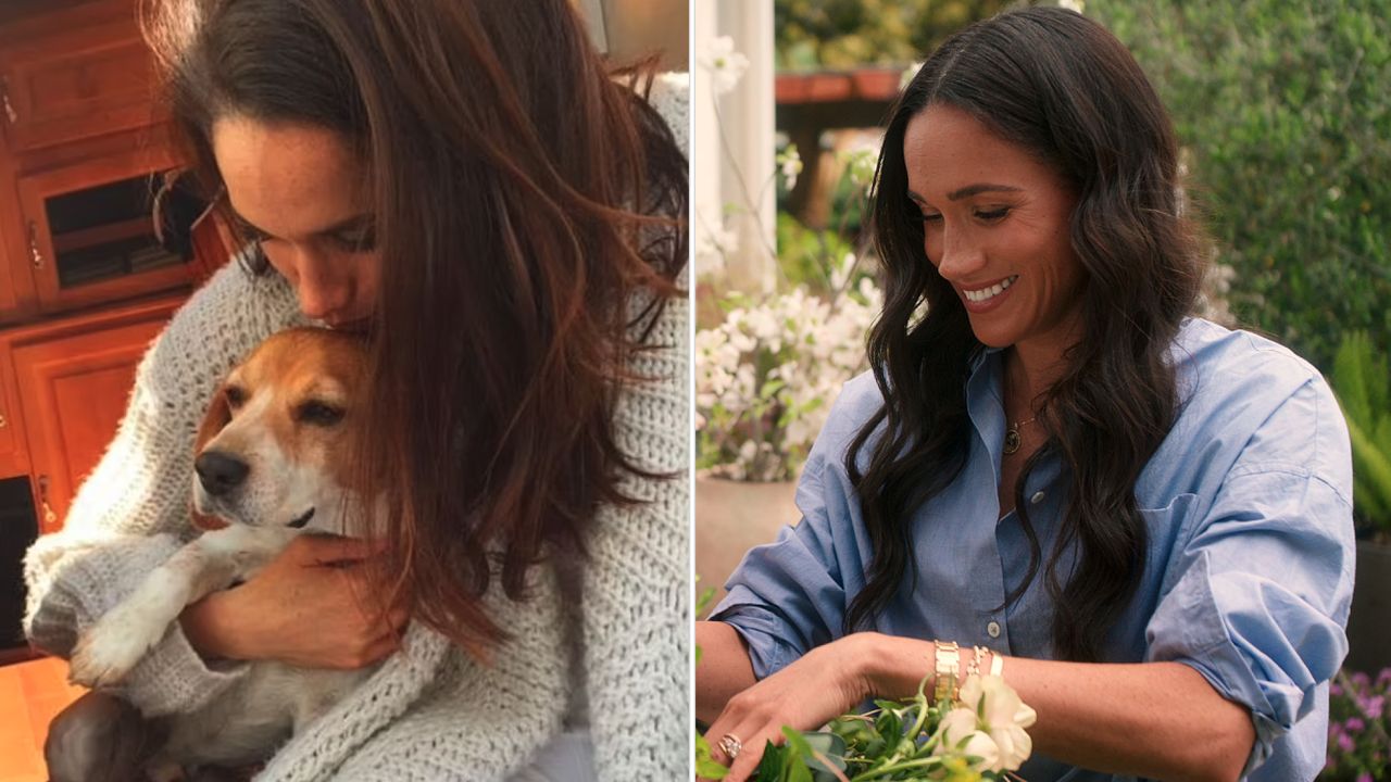 Meghan Markle with rescue beagle Guy and Meghan in her Netflix series