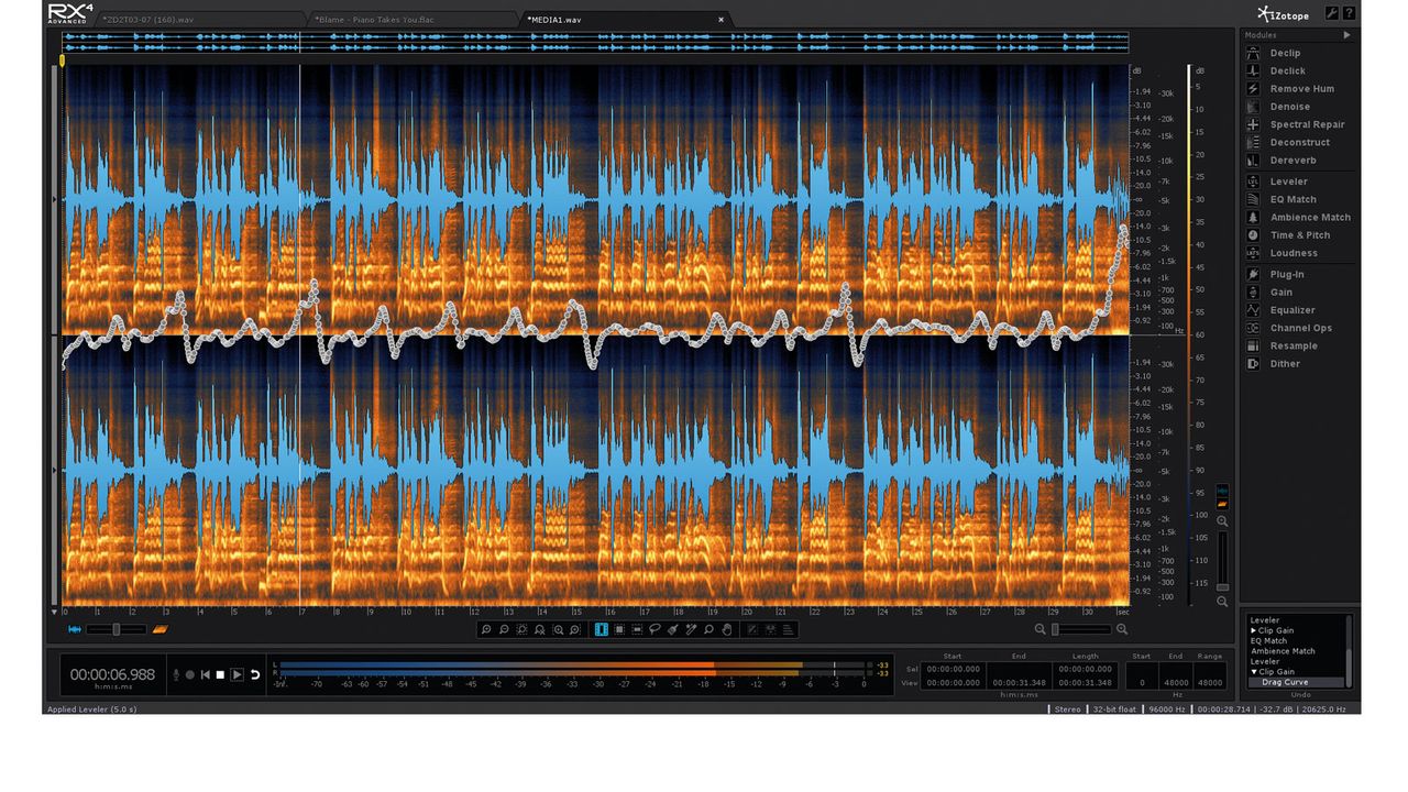 The main area is dominated by a waveform/spectrogram display, where most of the editing magic takes place