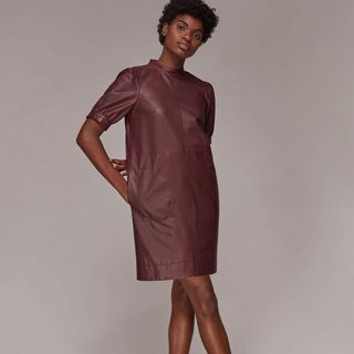 burgundy leather dress with puff sleeve