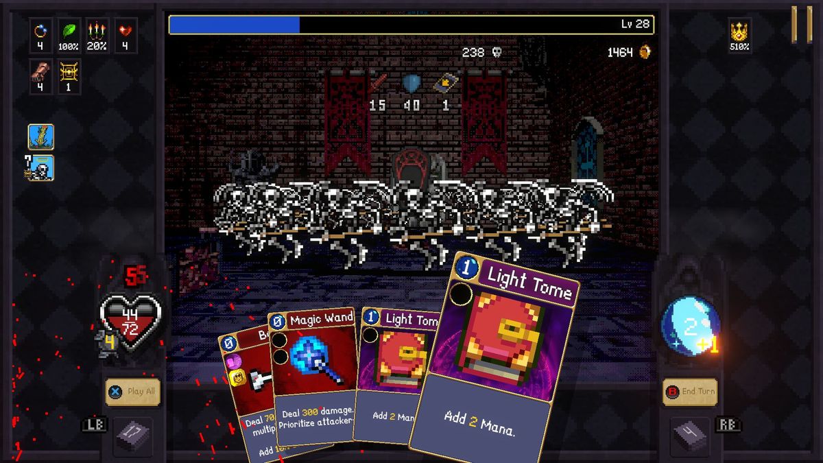 Pixel art fantasy game screenshot showing a battle scene with skeleton enemies in a dungeon setting. Player&rsquo;s hand of cards includes a "Magic Wand" and "Light Tome."