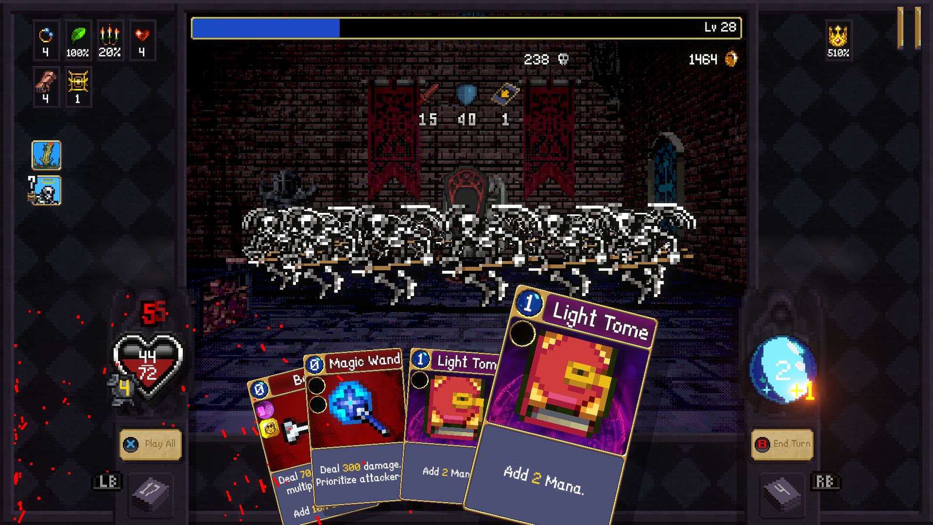 Pixel art fantasy game screenshot showing a battle scene with skeleton enemies in a dungeon setting. Player&rsquo;s hand of cards includes a "Magic Wand" and "Light Tome." 