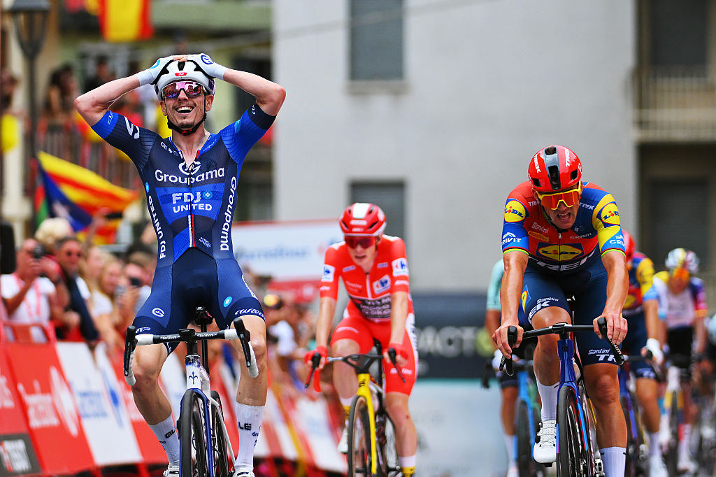 CERES, ITALY - AUGUST 25: (L-R) David Gaudu of France and Team Groupama - FDJ celebrates at finish line as stage winner ahead of Mads Pedersen of Denmark and Team Lidl - Trek during the La Vuelta - 80th Tour of Spain 2025, Stage 3 a 134.6km stage from San Maurizio Canavese to Ceres 704m / #UCIWT / on August 25, 2025 in Ceres, Italy. (Photo by Tim de Waele/Getty Images)